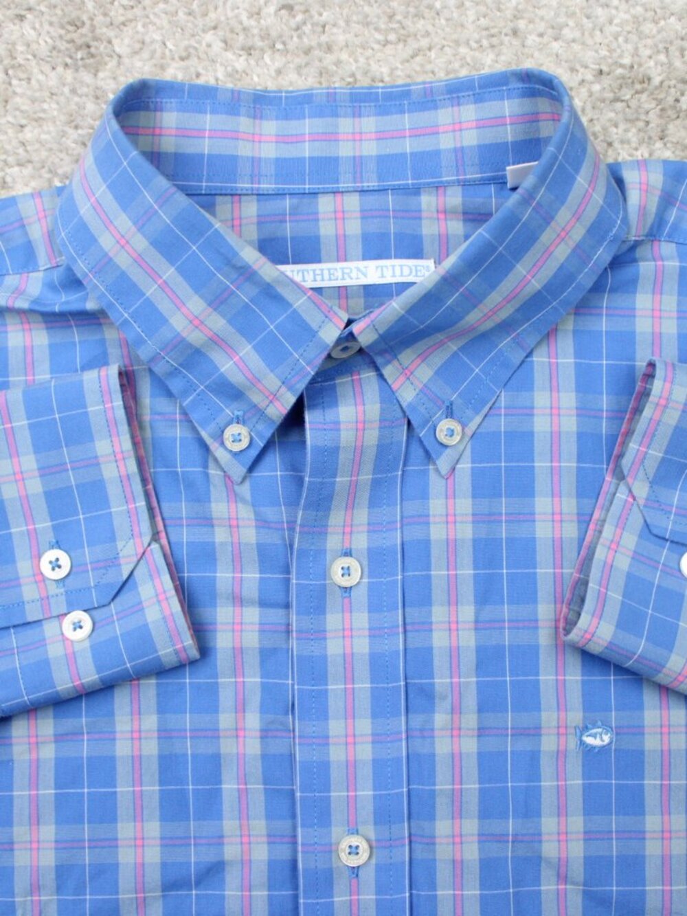 Southern Tide Shirt Mens Large Blue/Pink Plaid 100% Cotton Long Sleeve Casual